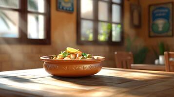 Bowl of stew with lemon on a table in cafe, sunlight beams. For cookbook or restaurant menu photo