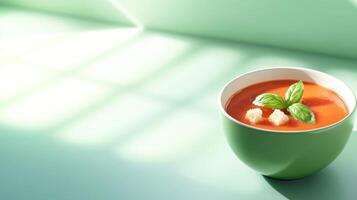 Bowl of tomato soup with croutons and basil leaf on table in bright sunny background. Food photo