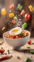 Bowl of vegetables with poached egg and spices on rustic table for cookbook or restaurant menu photo