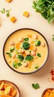 Bowl of vegetable soup with herbs and broccoli, with diced butternut squash around it photo