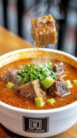 Braised beef cube falls into soup bowl, topped with cilantro, table setting. Food photo for menu