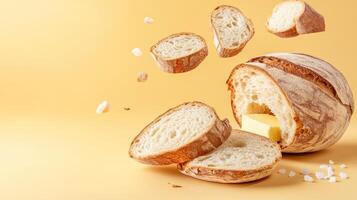 Bread slices with butter and salt levitating on a bright background for a culinary blog or recipe photo