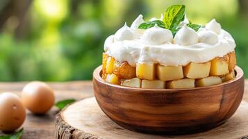 Cake with cream and fresh leaves in a wooden bowl on a table in front of a natural background photo