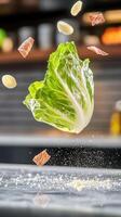 Caesar salad ingredients levitating, prepared over a counter in a kitchen. Use in culinary articles photo