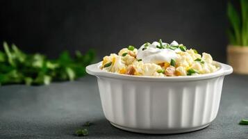 Cauliflower salad. A healthy dish on a table with garnish for meal prep and menu ads photo