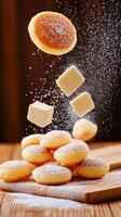 Cheesecakes with butter falling over them on a wooden board on a dark background for a food blog photo