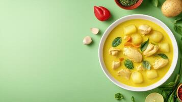 Chicken and potato stew with herbs. A healthy dish with vegetables and spices on background photo