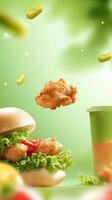 Chicken burger and drink on a bright background. Flying pickles complete the picture. For food blog photo