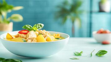 Chicken curry bowl on a light blue table, with a plant background, for recipe use photo