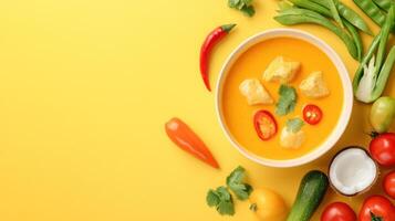Chicken curry on yellow table with vegetables, tomatoes, background food photo for menus