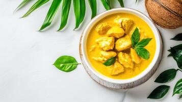 Chicken curry in bowl on tropical background for a menu or food blog photo