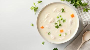 Chicken soup bowl with carrots and peas on a white background. Copy space for text photo