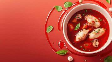 Chicken soup with mushrooms and basil leaves on a red table, for food blogs and recipes photo