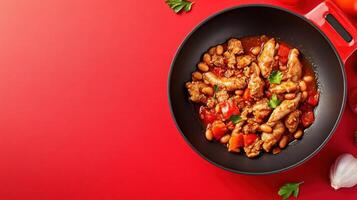 Chicken stew with beans, cooked in pan on a red table. Top view. Use for food photography photo