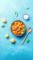 Chicken stew with potatoes in a bowl. Top view on colorful background. For cooking recipes photo