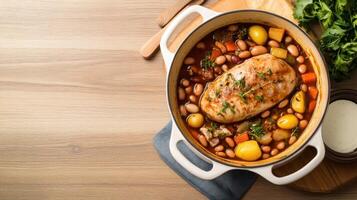 Chicken stew simmered in a pot with beans and potatoes on a wooden table for cooking photo