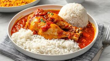Chicken stew with rice. Meal served on a plate, next to a fork, on a table with a white plate photo