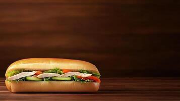 Chicken sub with lettuce and tomato on table against wood. Food ad backdrop or menu illustration photo