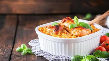 Chicken with rice served in a white square bowl on wood table with tomatoes in background, for restaurant menu photo