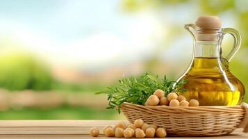 Chickpeas and oil in the basket, garden background for culinary ingredient use photo