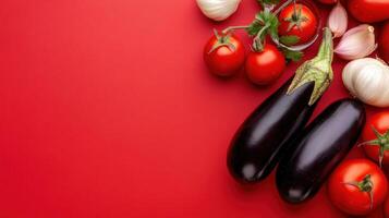 Close-up of aubergines, garlic, tomatoes in red background, flat lay. Ingredients for healthy vegan food photo