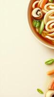 Close-up of soup with noodles and vegetables, healthy meal. Background shows plain color. Food advertising photo