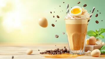 Coffee drink with egg garnish, with falling beans and eggs in the background for a quirky brunch photo