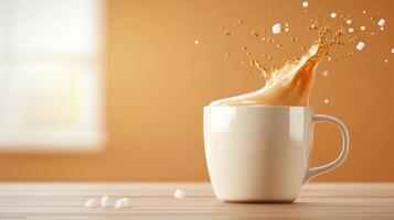 Coffee splash with sugar on table, window background. Drink for breakfast, break, energy photo