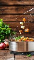 Cooking stew with vegetables in a pot on a rustic wood background. Possible use culinary recipe photo