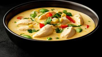 Creamy chicken soup with colorful vegetables in black bowl on a dark background for menu or recipe photo