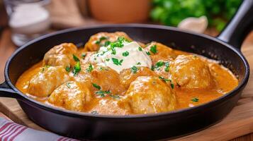 Creamy chicken meatballs in skillet with parsley against a rustic backdrop, recipe image photo