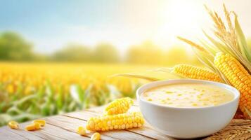 Creamy corn soup. Rustic table near corn field. Summer lunch recipe. Background with light photo