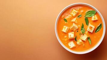 Creamy tofu curry in bowl, basil garnish, flat lay. Food photography, recipe background photo