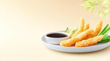 Crispy fried shrimp served with soy sauce on a plate, with cucumber slices, for a food blog photo