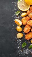 Crispy nuggets and potatoes served with lemon and basil on a dark surface for menu design photo
