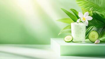 Cucumber smoothie on display with flowers and leaves in the background. Possible use menu photo