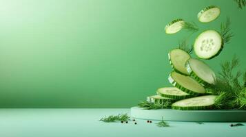 Cucumber slices falling on a stand with dill, on green background, in a studio, for commercial use photo