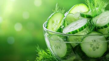 Cucumber slices in a bowl. Dill garnish on blurred green nature background. Salad prep concept photo