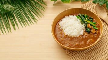 Curry and rice meal in bowl, served on mat in home. Healthy, simple lunch dish photo