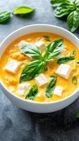 Curried soup with tofu is garnished with basil leaves and sits on a stone surface photo