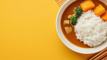 Curry rice with pumpkin and broccoli, served on a plate, in bright yellow background photo