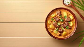 Delicious beef stew with potatoes served in a bowl on table, perfect for restaurant menu use photo