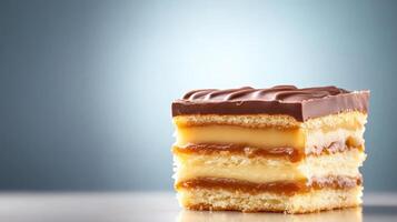 Delicious caramel cake. On light backdrop. For dessert menu, bakery or sweets shop photo