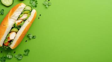 Delicious chicken sandwich with cucumber and herbs against green backdrop, possible for lunch menu photo