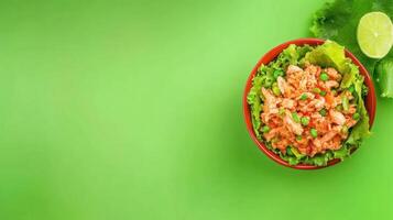 Delicious chicken salad served on lettuce in a bowl, with lime, on bright background, for advertisements photo