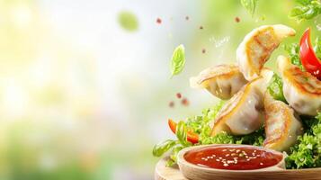 Delicious dumplings with sauce and herbs flying in the air, outside. Menu promo photo