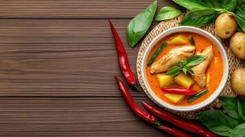 Delicious Red Curry with Chicken, Potatoes, and Herbs on a Table for menu photo