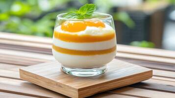 Dessert in glass with fruit and cream layers on a wood surface. Possible for cafe menu photo
