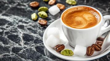 Espresso cup with beans and sugars on marble table. Food and drink photography photo