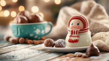 Festive table with a snowman and chocolate candies. Cozy background with blurred lights. Gift concept photo